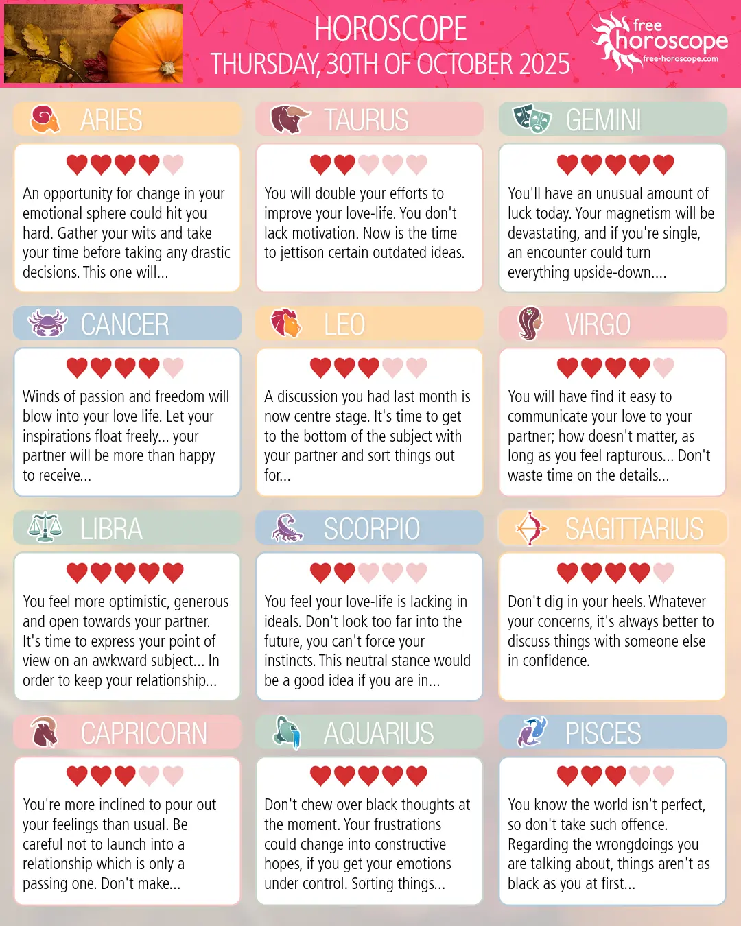 Horoscope for Thursday, October 30, 2025